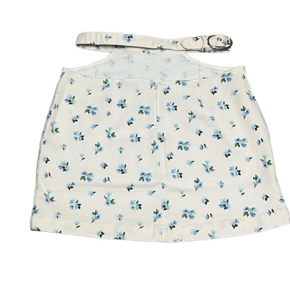 Revolve Weworewhat Ivory Blue‎ Floral Cut Out Belted Mini Denim Skirt Large NWT